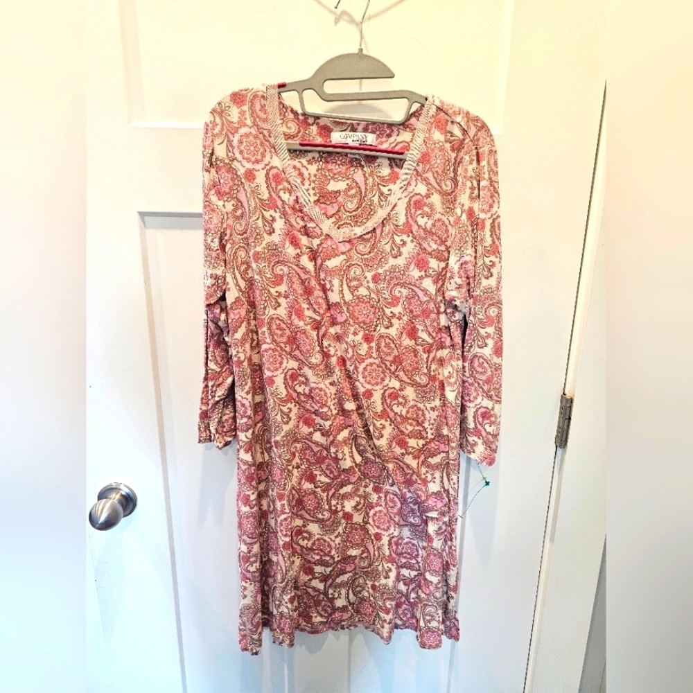 COMPANY by Ellen Tracy Pink Paisley Tunic Dress Size Medium 3/4 Sleeve
